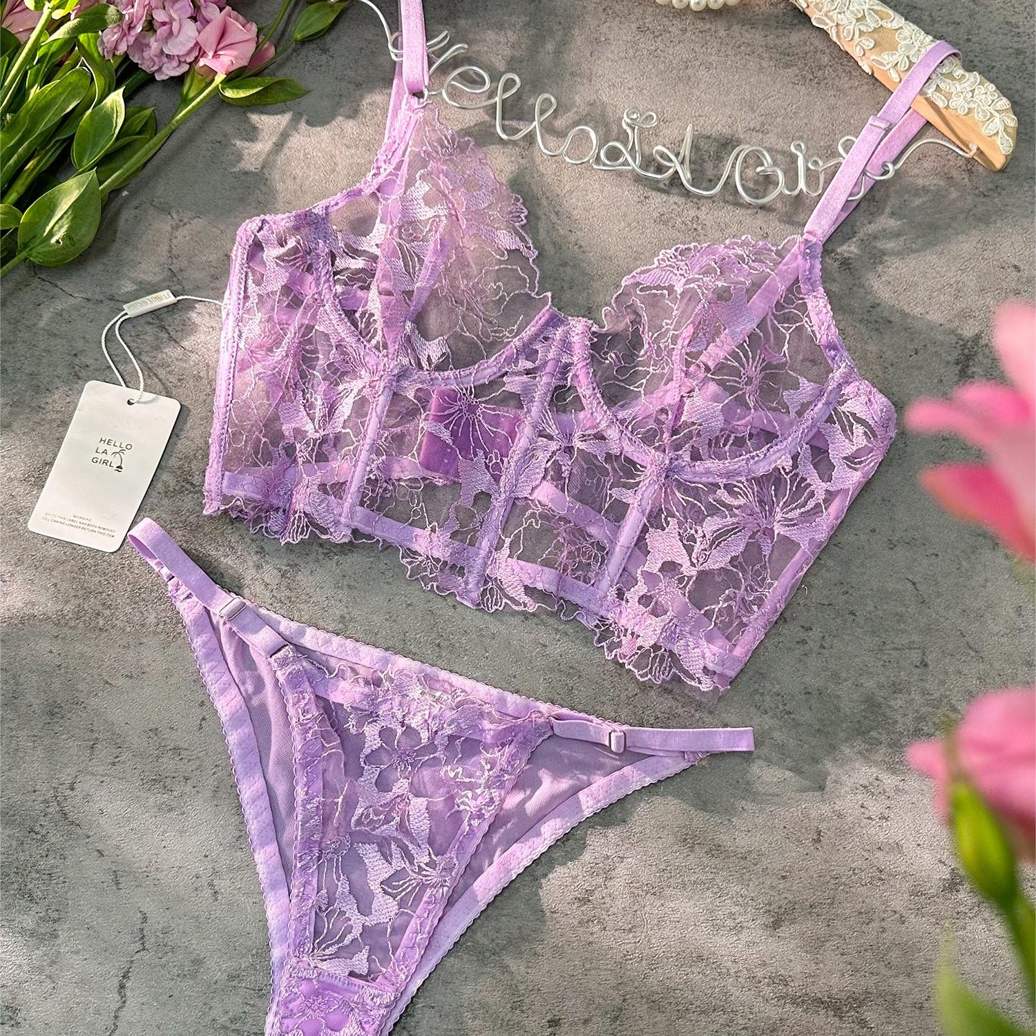 Purple Sexy Sheer Embroidered Lingerie Set