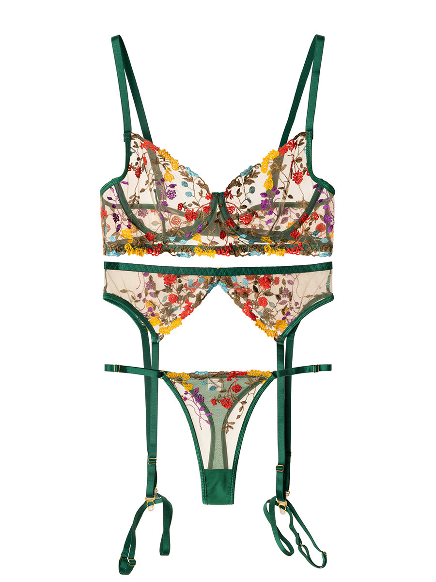 Green Floral Embroidery Lace Cup Lingerie Set – Hello.LA.Girl