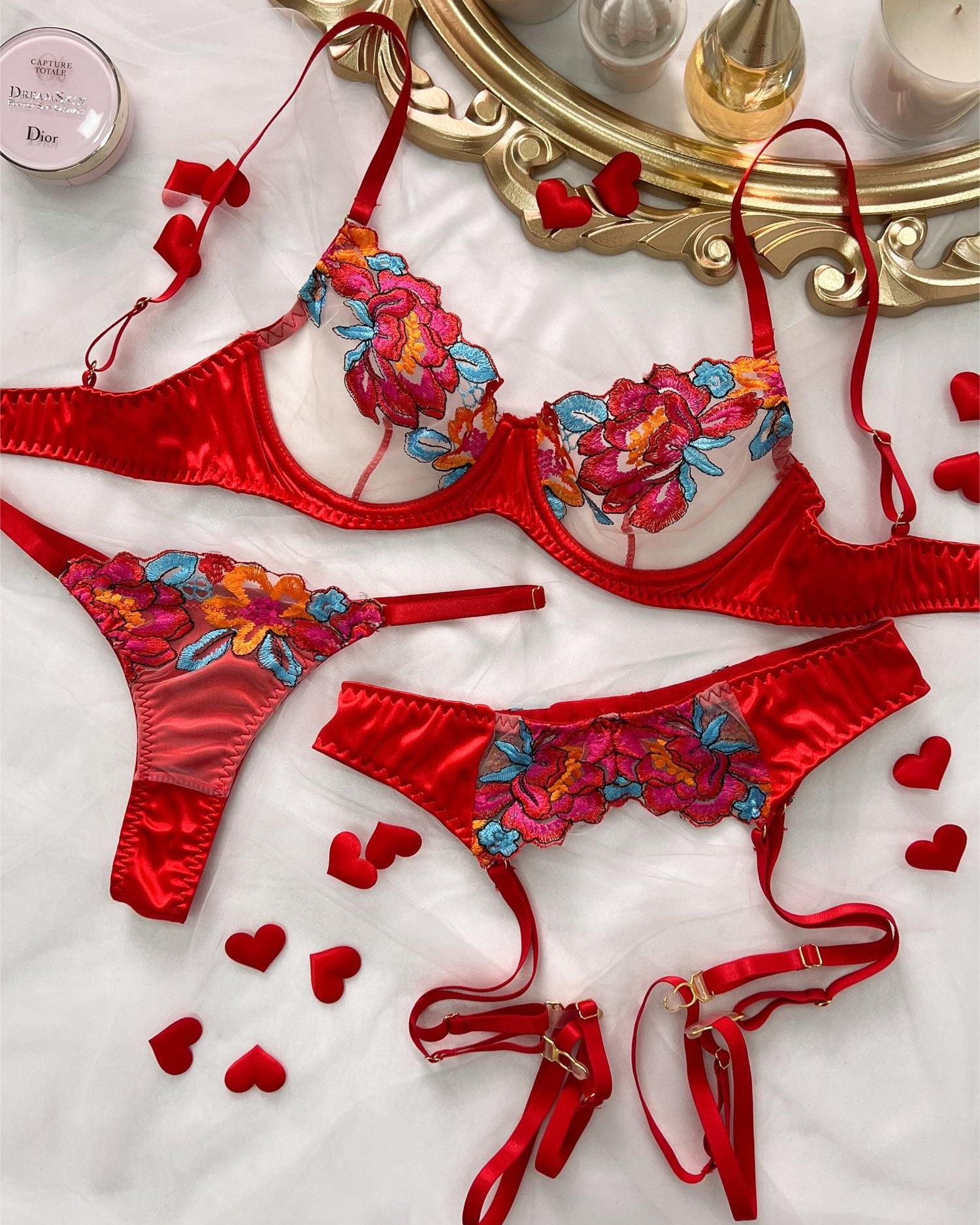 Red / White Satin Floral Embroidery Lingerie Set
