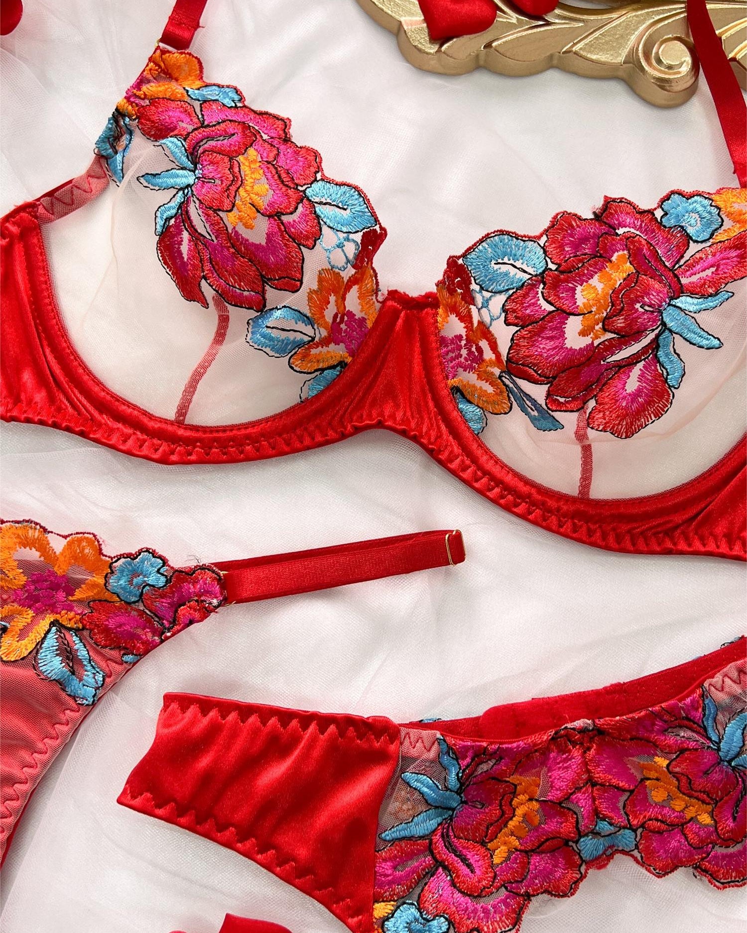 Red / White Satin Floral Embroidery Lingerie Set