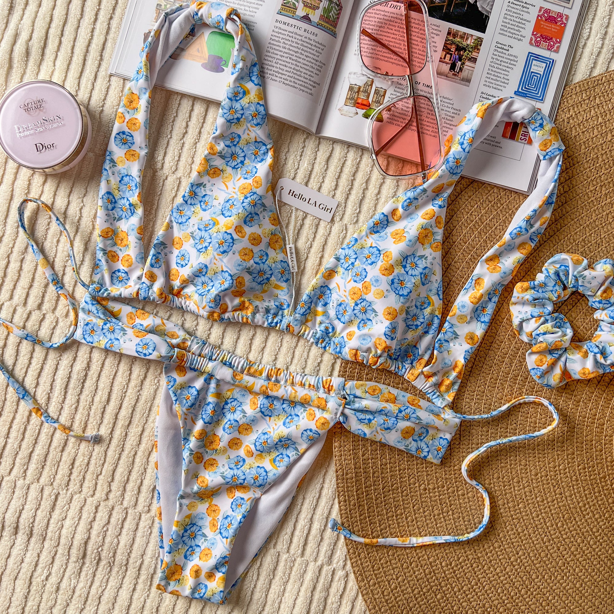 Cute Blue Floral Triangle Bikini Set with Scrunchie