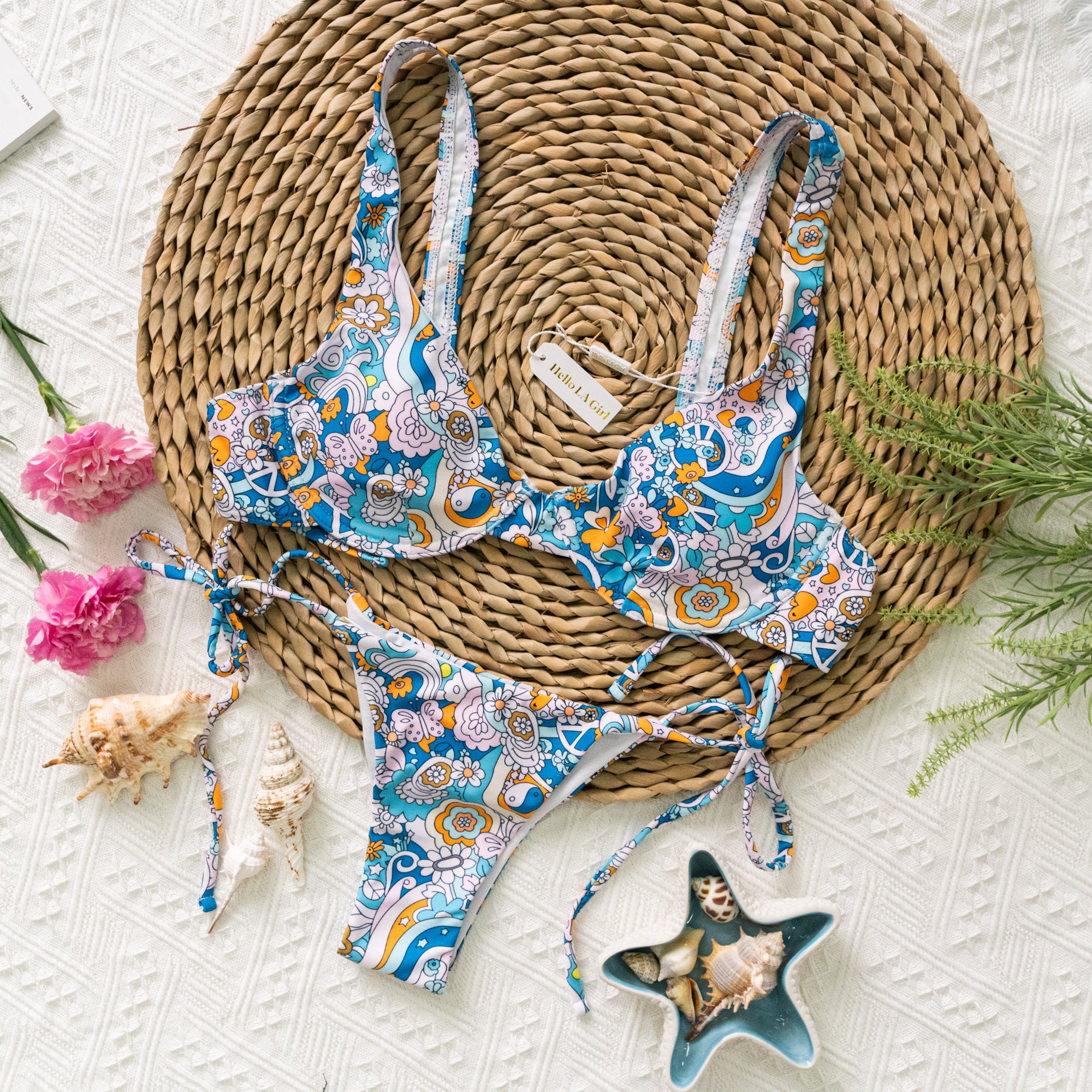 Blue Flowers Print Drawstring Tie Side Bikini Set