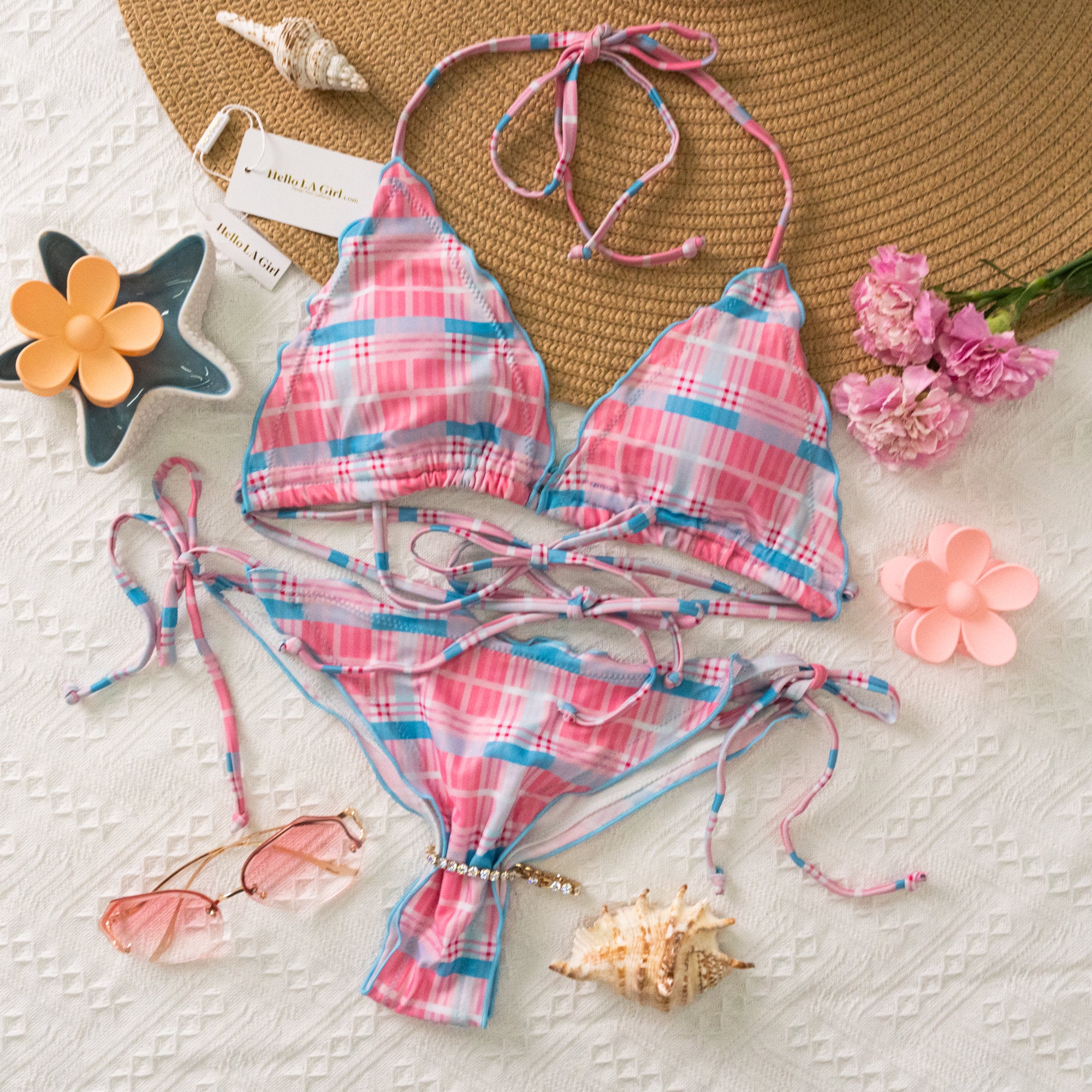 Pink Lattice Print Halter Lace Up Wavy Trim Bikini Set