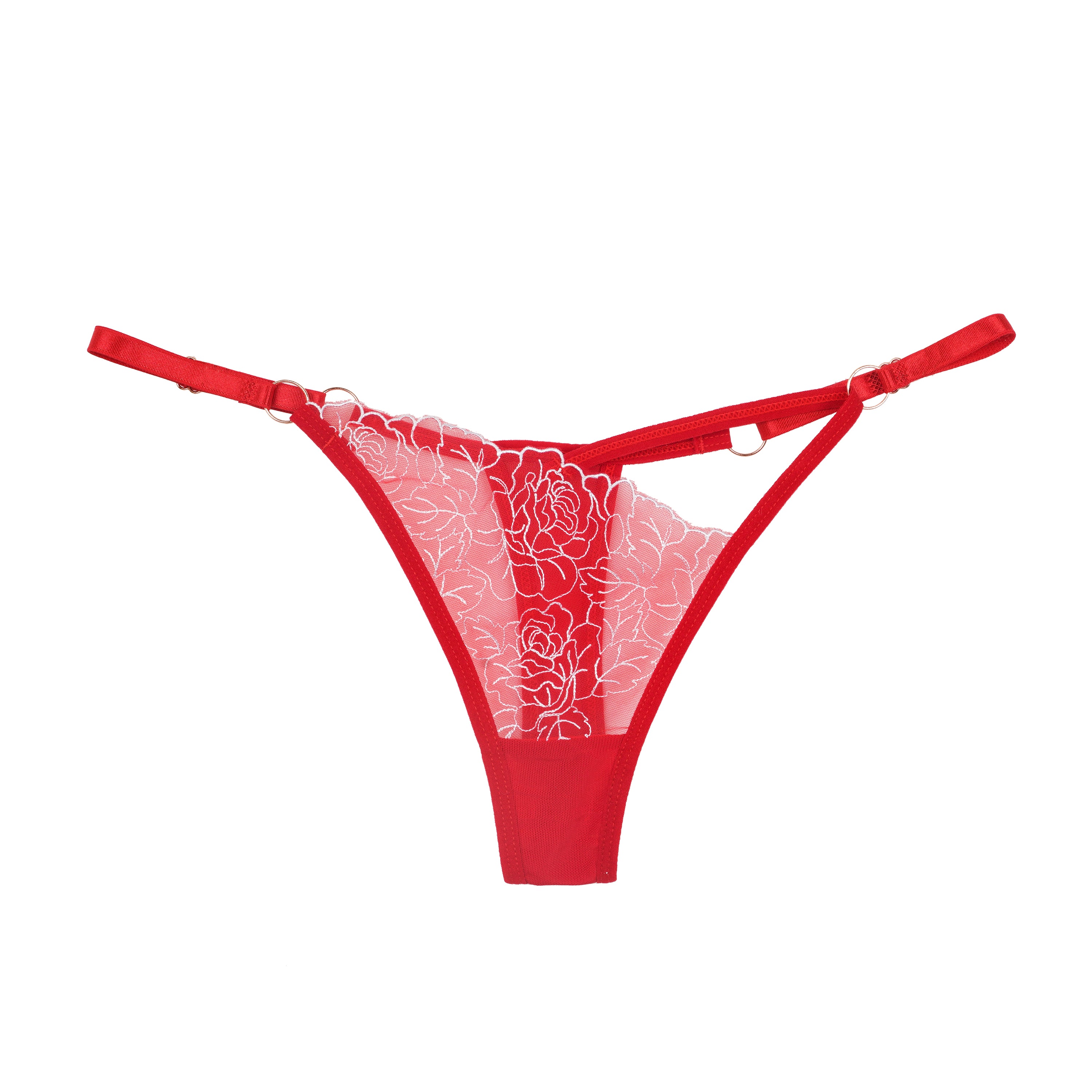 Rose Embroidery See Through Adjustable Waist Mesh Thong
