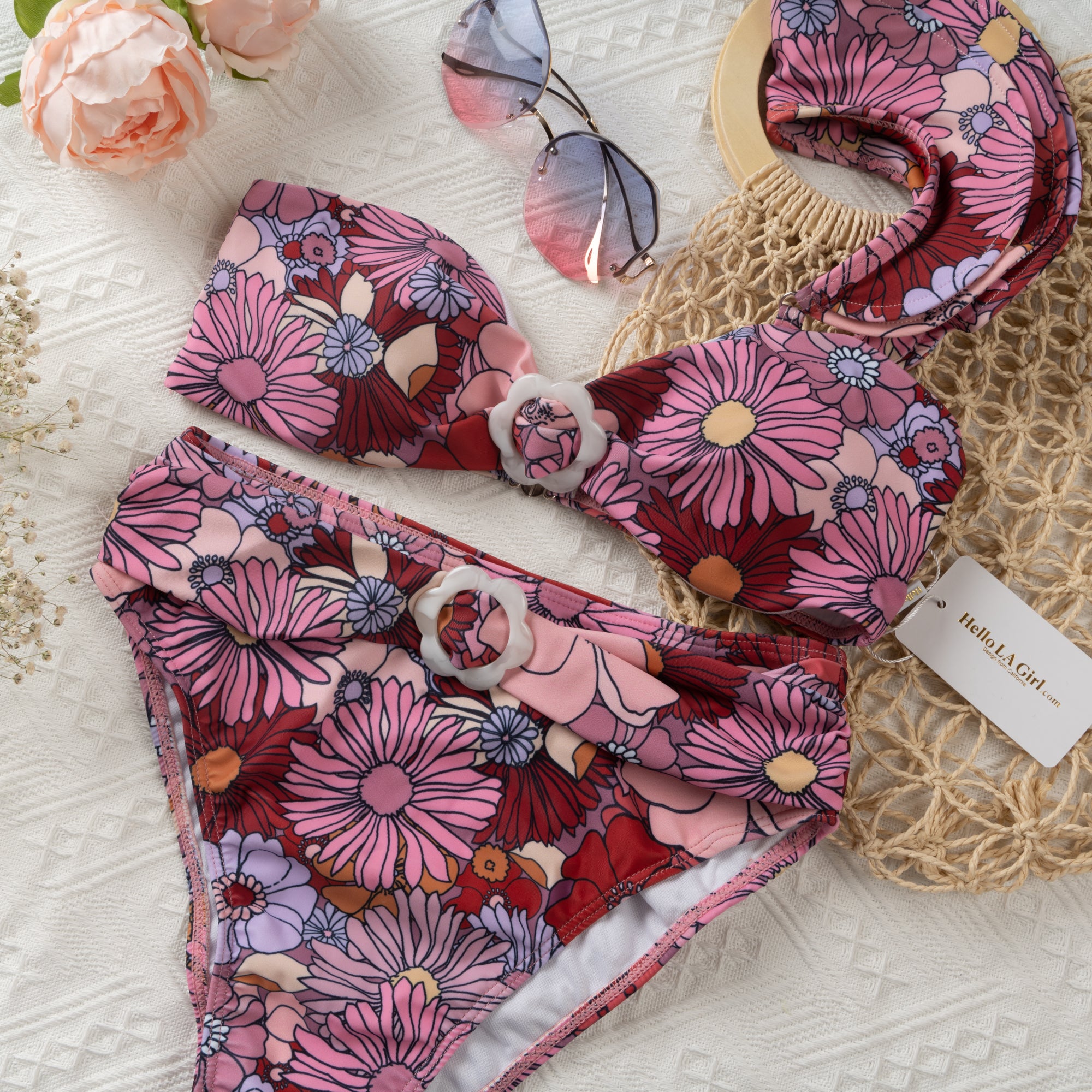 Purple One-shoulder Ruffle Floral Print Bikini Set