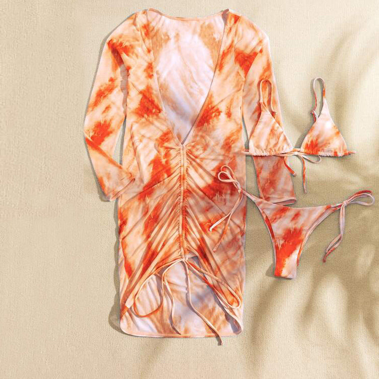 Orange Tie-dye Triangle Straps Bikini Set With Cover Up