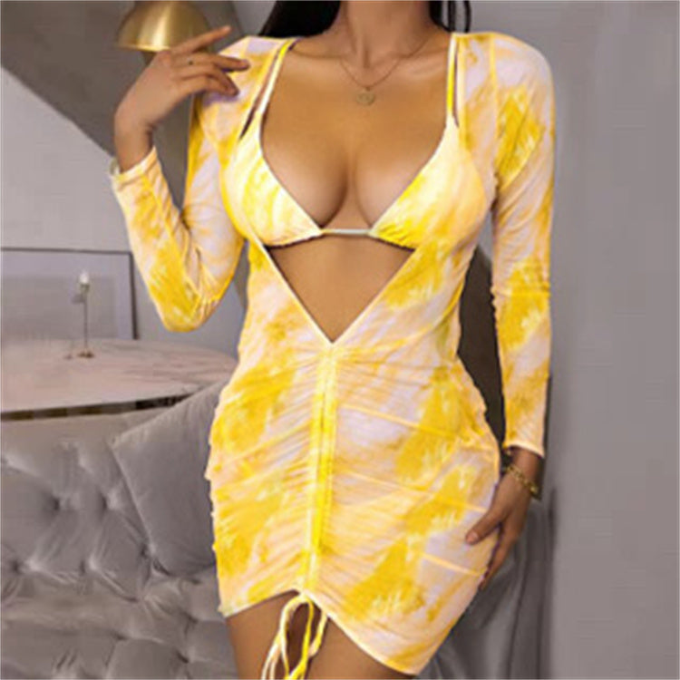Yellow Tie-dye Triangle Straps Bikini Set With Cover Up