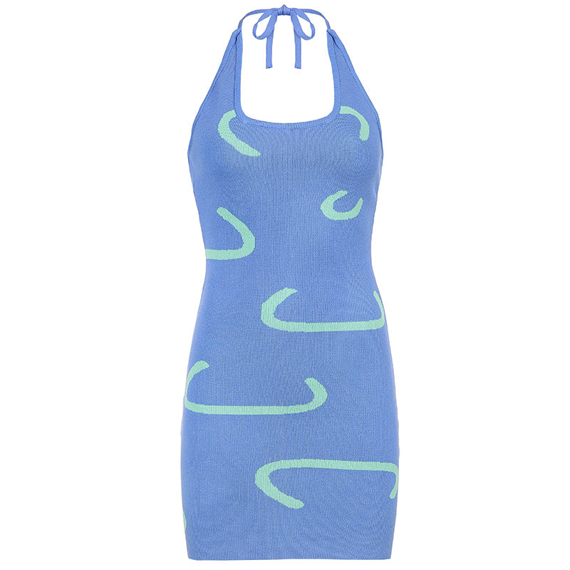 Blue Line Design Knit Halter Tight Midi Dress