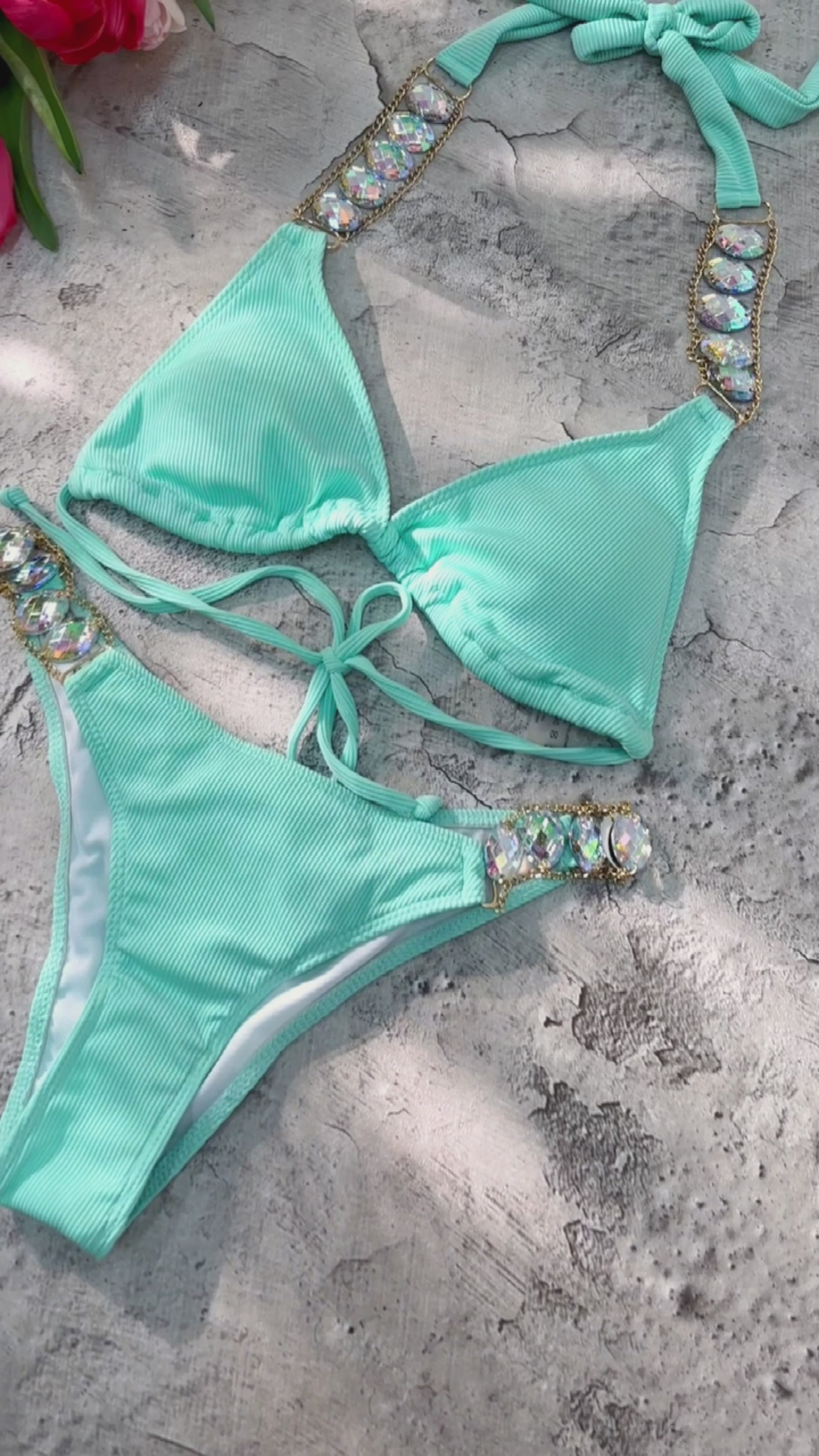 Green Split Strap Luxury Diamond Metal Chain Accessories Bikini Set Hello.LA.Girl